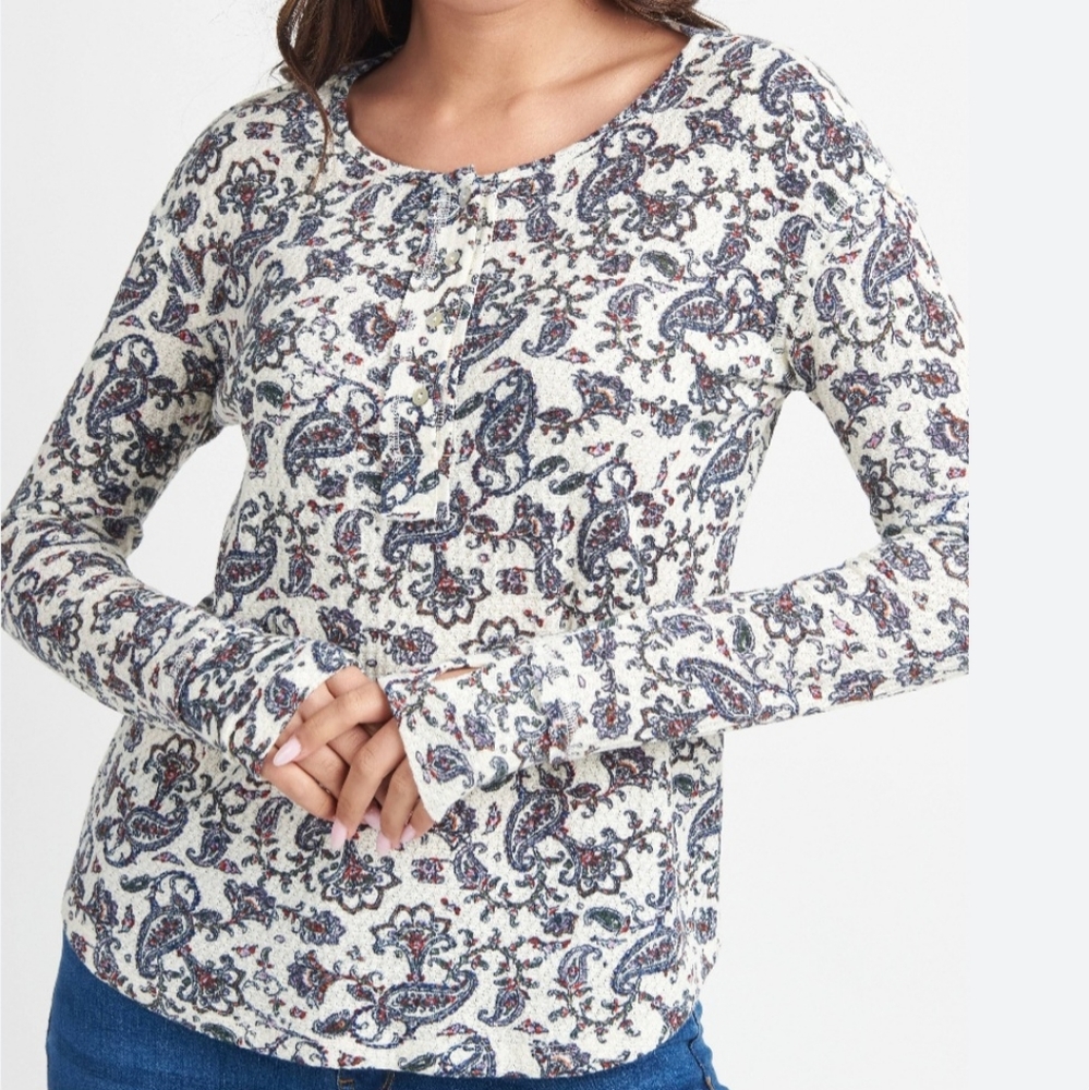 DR2 Charlee Printed Henley Long Sleeve Cottagecore Waffle Knit Top M